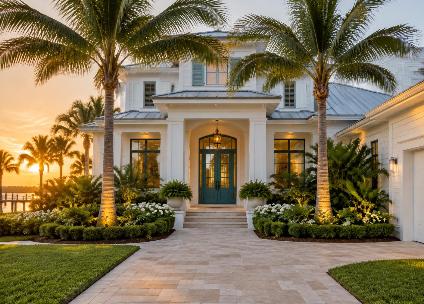 Coastal home surrounded by palm trees at sunset